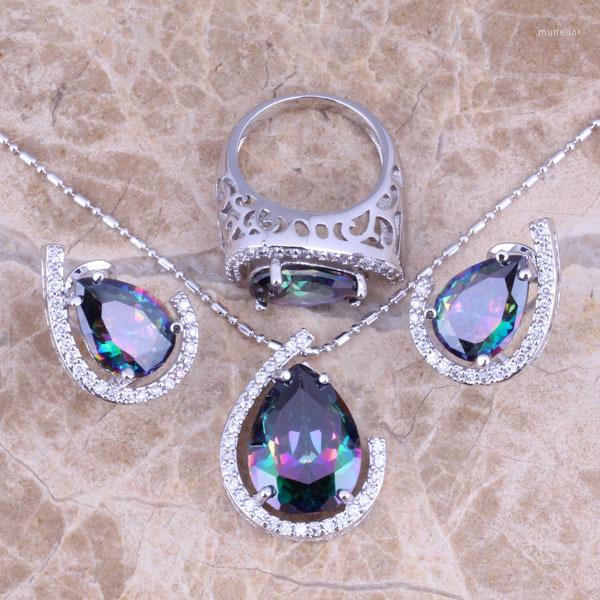 Image of Necklace Earrings Set Glamorous Rainbow Mystic White CZ Silver Plated Pendant Ring Size 6 / 7 8 9 10 S0464