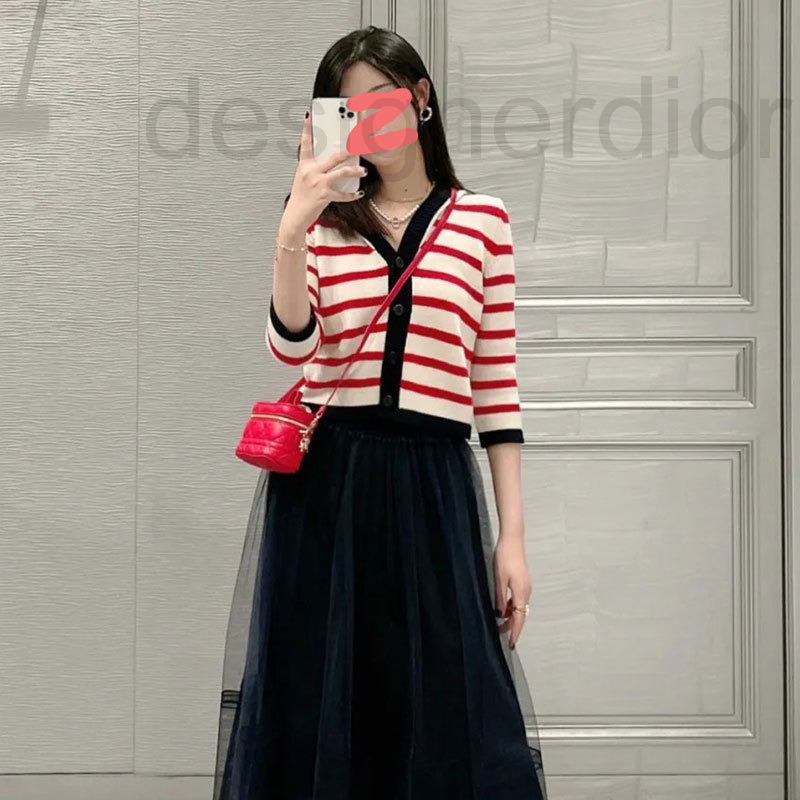 Women's Knits & Tees designer D family's 22 year new V-neck shawl red stripe fashion elegant simple slim fitting sweater women 9SMB