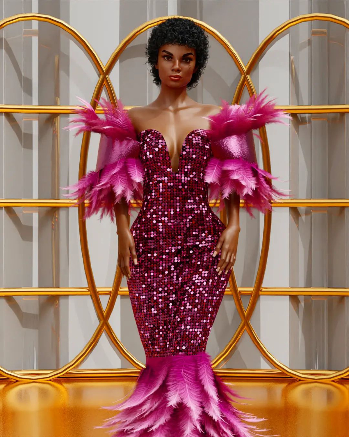 Feathers Shiny Mermaid Prom Dresses Sequined Short Sleeves Party Dresses V Neck Custom Made Evening Dress