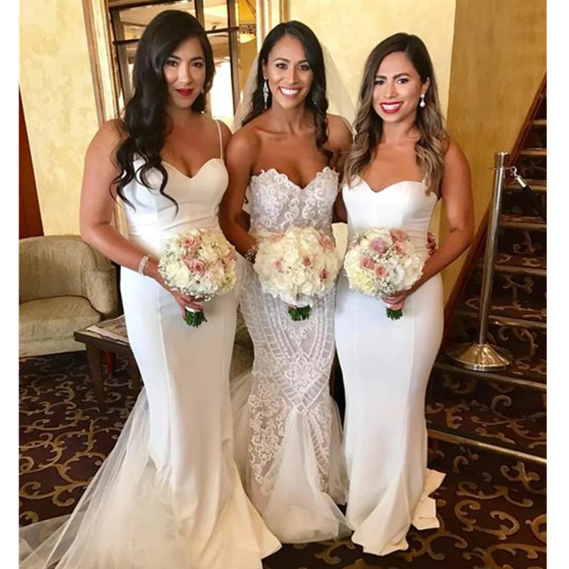 White Spaghetti Straps Satin Mermaid Bridesmaid Dresses Sweep Train Wedding Guest Maid of Honor Dresses