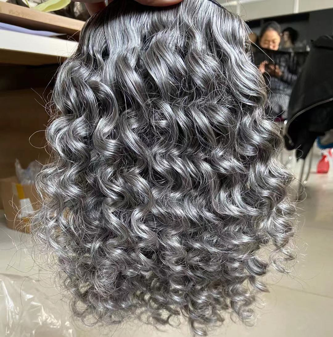 Gray human hair ponytail puff drawstring clip in gray pony tail for women naturally wavy curly cut salt and pepper silver grey hairpiece 120g 14inch