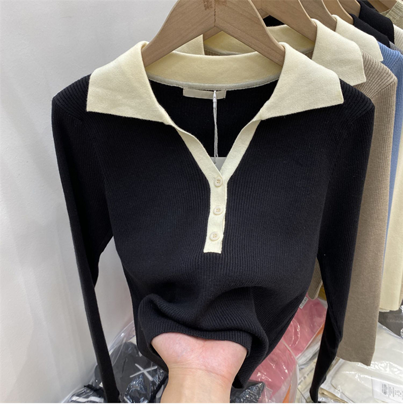 Womens Sweaters Hirsionsan Pichwork Polo Neck Sweater Women Korean Slim Knitted Female Tops Loose Turn Down Ladies Jumpers 220906