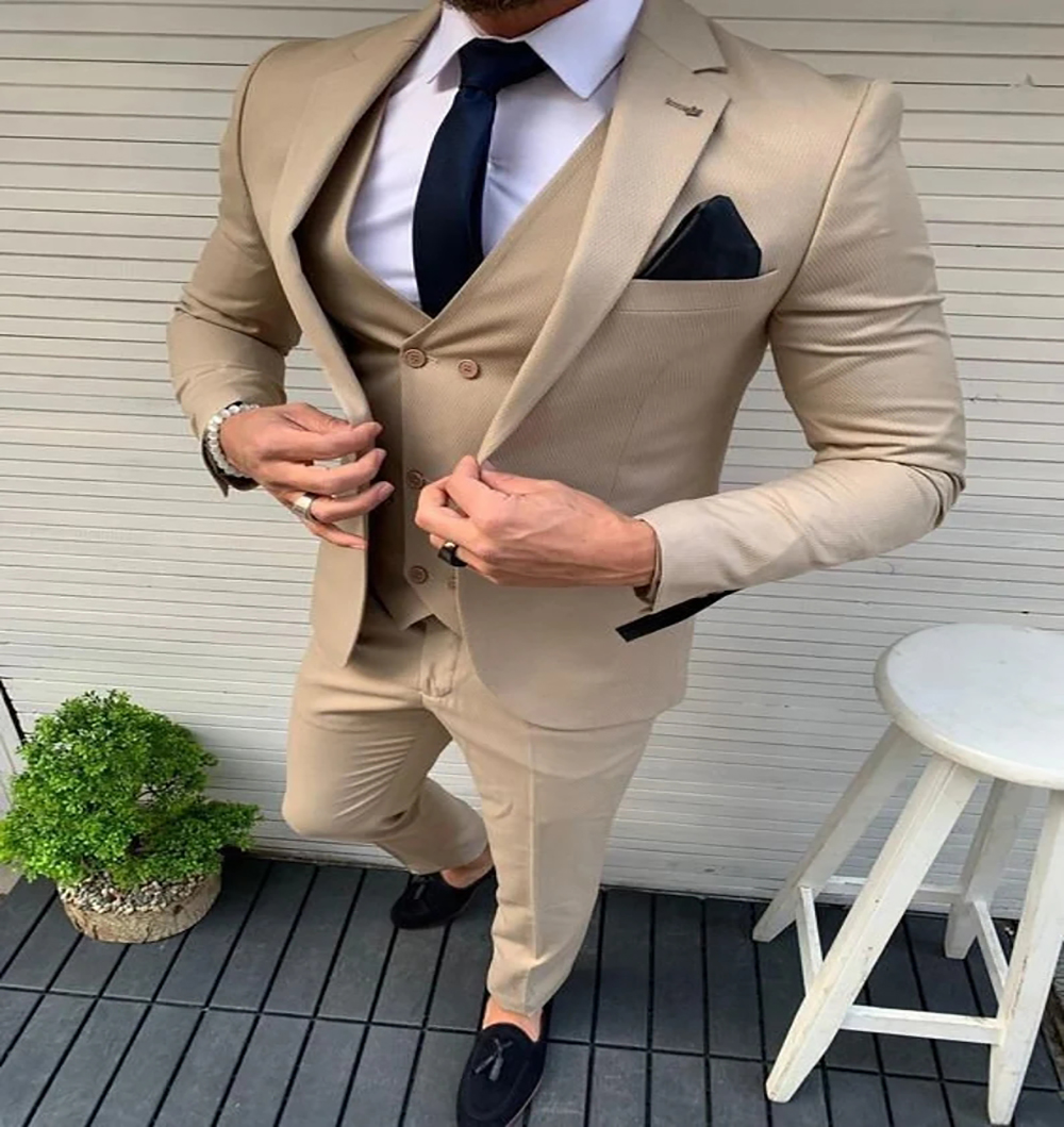 Handsome Champagne Wedding Tuxedos 2022 For Men Peaky Blinder Two Button Vest 3 Pieces Groom Suit Bussiness Prom Party Wear Suit