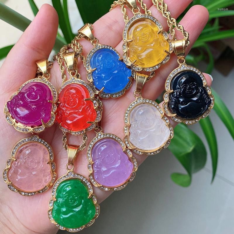Pendant Necklaces Hip Hop Stainless Steel Jewelry Crystal Buddha Necklace For Women Men Multicolor Jades Stone Pendulum Healing