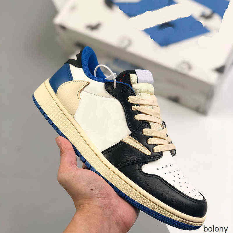 Top Quality Jumpman 1 OG 1S Low Mens Basketball Shoes Travis Scotts x Fragment White blue Lychee Skin With North Carolina Suede Womens