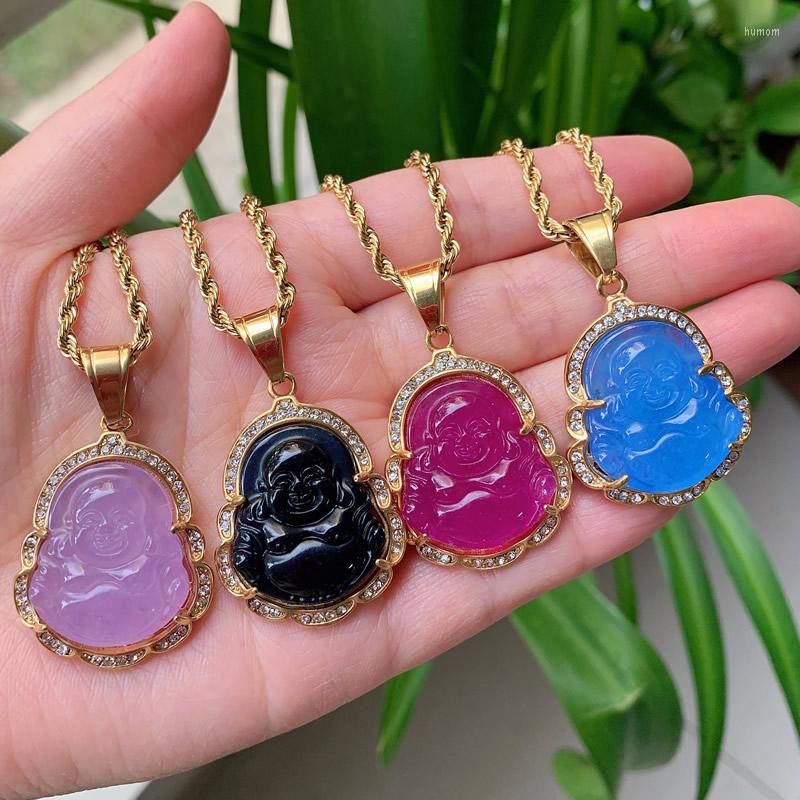 Pendant Necklaces Hip Hop Stainless Steel Jewelry Crystal Buddha Necklace For Women Men Multicolor Jades Stone Pendulum Healing