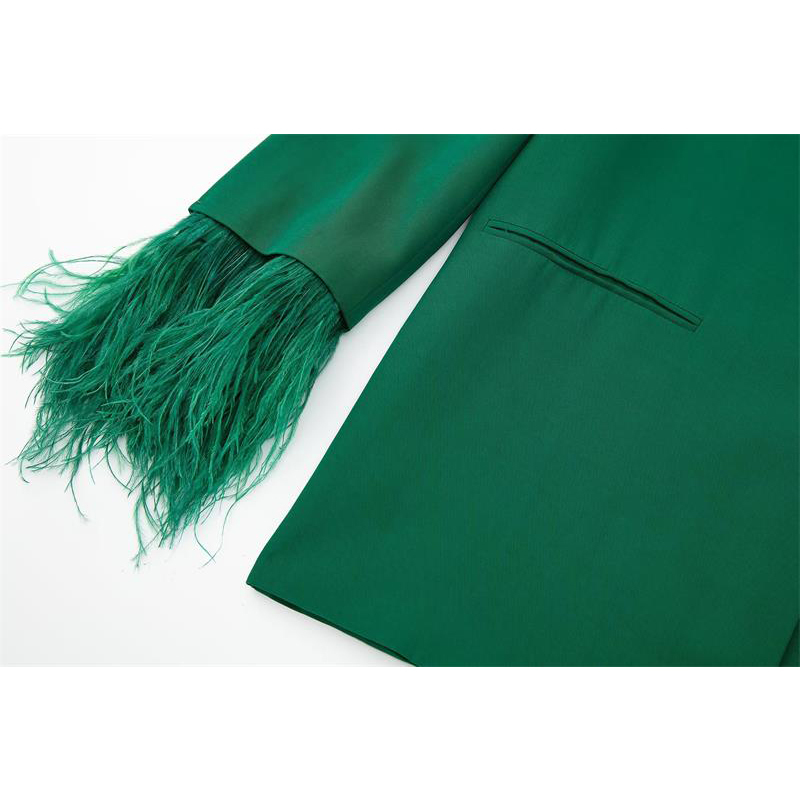 Womens Two Piece Pants Fashion Feather 2 Set Suits Fall Elegant Green Blazer Formal Chic Office Women Suit 2 220906