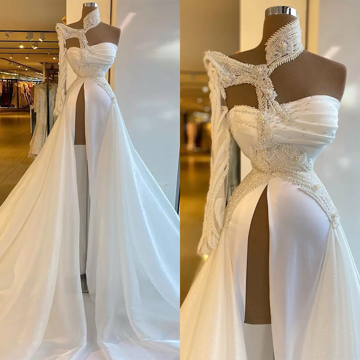 White Prom Princess Long Sleeve Deep V Neck One Shoulder Appliques Sequins Evening Dresses Satin Side Slit Floor Length Party Gowns Plus Size Custom M