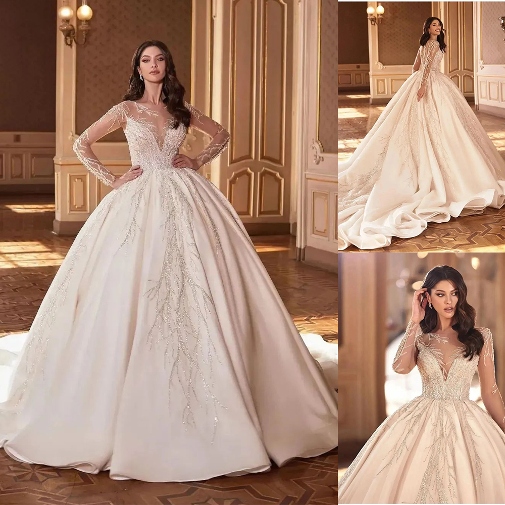 Luxury Ball Gown Wedding Dresses V Neck Long Sleeves Beads Sequins Appliques Lace Ruffles Floor Length Elegant Zipper Bridal Gowns Plus Size robes de 