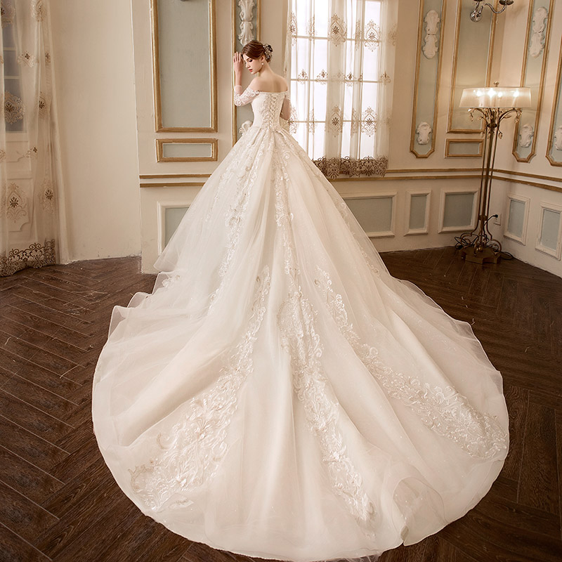 Elegant A Line Wedding Dresses Off Shoulder Bling Sequined Beading Lace Appliques Long Sleeve Lace Up Bridal Gowns Vestidos De Novia