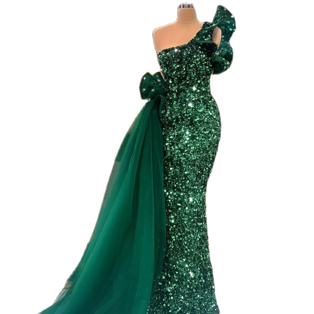 Sparkly Green Mermaid Evening Dresses One Shoulder Sequins Prom Dress Pageant Gown Custom Made Party Robes