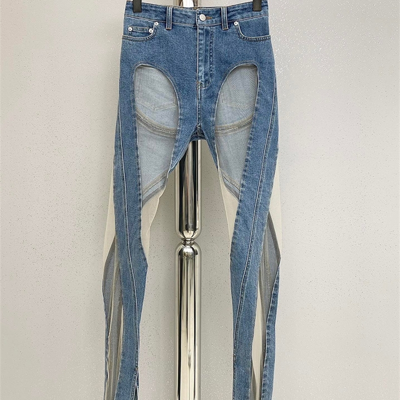 Women's Jeans DEAT Run Way Fashion Women Denim See Throw Sexy Full Length Half Big Hole Jeans Female Pants Slim WY14000L 220908