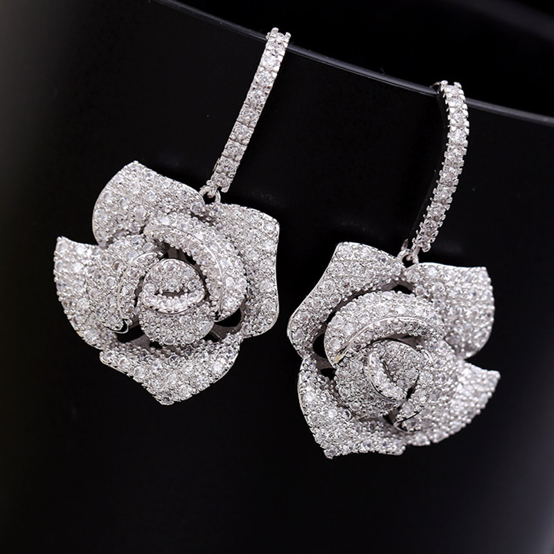 Bling S925 Silver Needle Rose Flower Dangle Drop Earrings Wedding Jewelry Women Gift