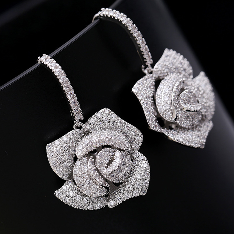 Bling S925 Silver Needle Rose Flower Dangle Drop Earrings Wedding Jewelry Women Gift