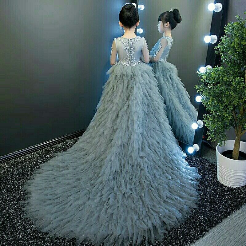 2023 Flower Girl Dresses Ball Gown Lace Appliques Beads lace up Kids Girls Pageant Dress Sweep Train Birthday Gown Custom Made