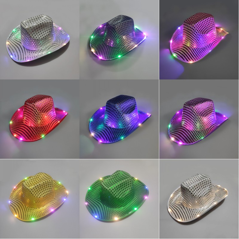 Halloween Luminous Cowboy Hats LED Flashing Light Up Sequin Party Christmas New Year Caps Cosplay Costume
Halloween Luminous Cowboy Hats LED Flashing Light Up Sequin Party Christmas New Year Caps Cosplay Costume
