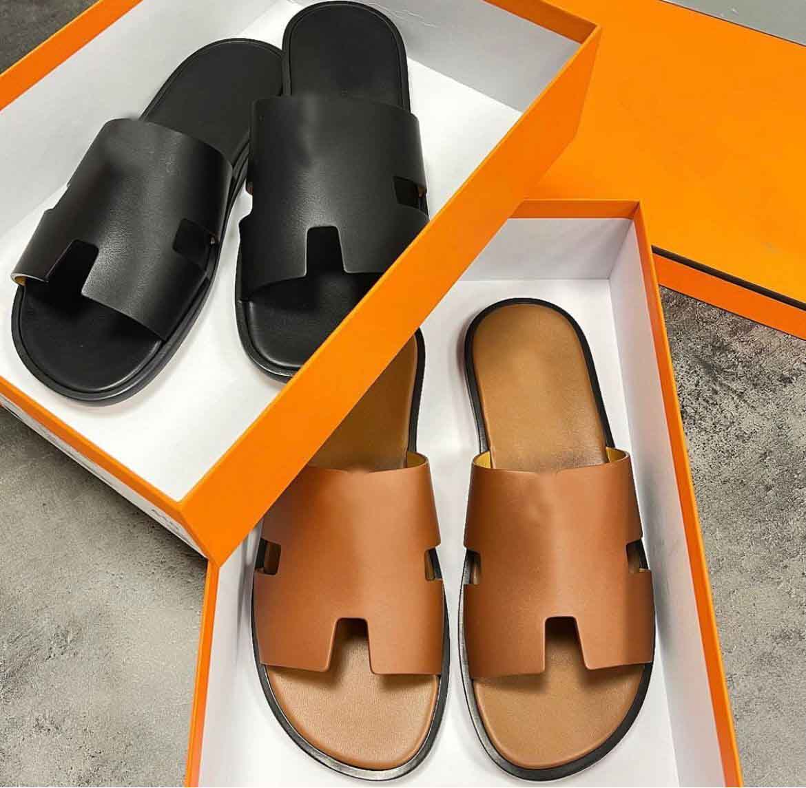 Casual-stylish Men Izmir Sandals Shoes Calfskin Leather Beach Slides Leather Slippers Flats Luxury Designer Gentleman Flip Flops Outdoor Sandalias EU38-46