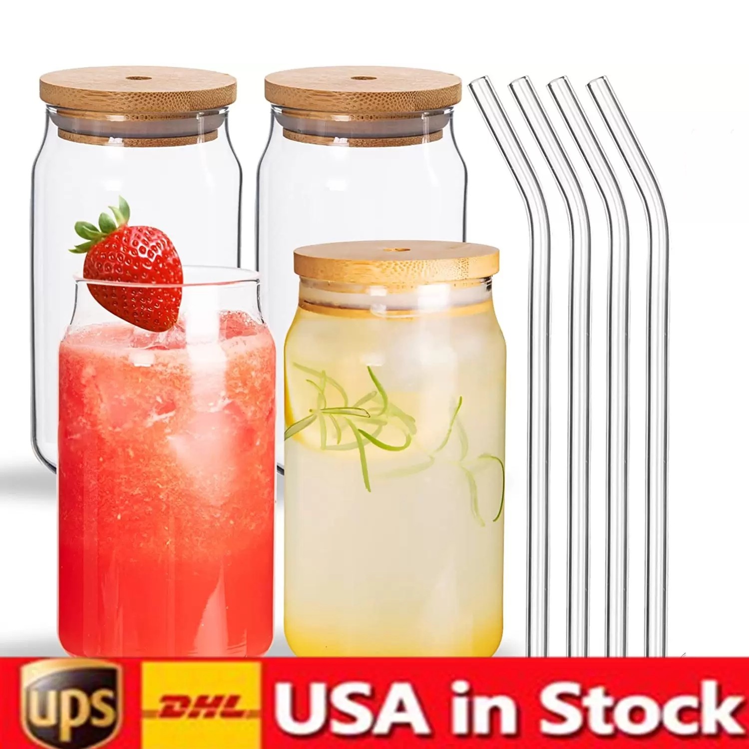 US CA Warehouse Water Bottles Sublimation 16Oz Glass Tumbler Cups Can Glasses Bamboo Lid Reusable Straw Mug Beer Transparent Frosted Soda Cup Drinking