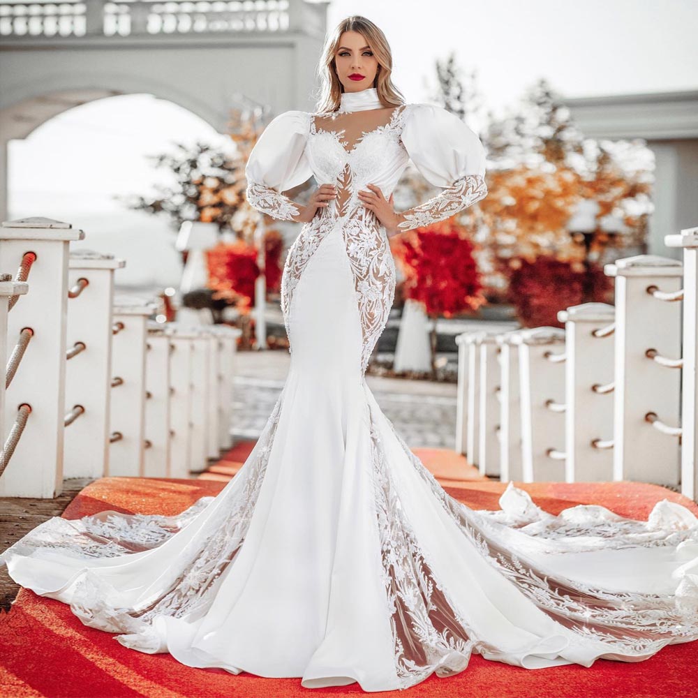 Mermaid Lace Wedding Dresses Long Sleeves Bridal Gowns Appliqued High Neck Plus Size Satin Sweep Train Sequined Vestidos De Novia