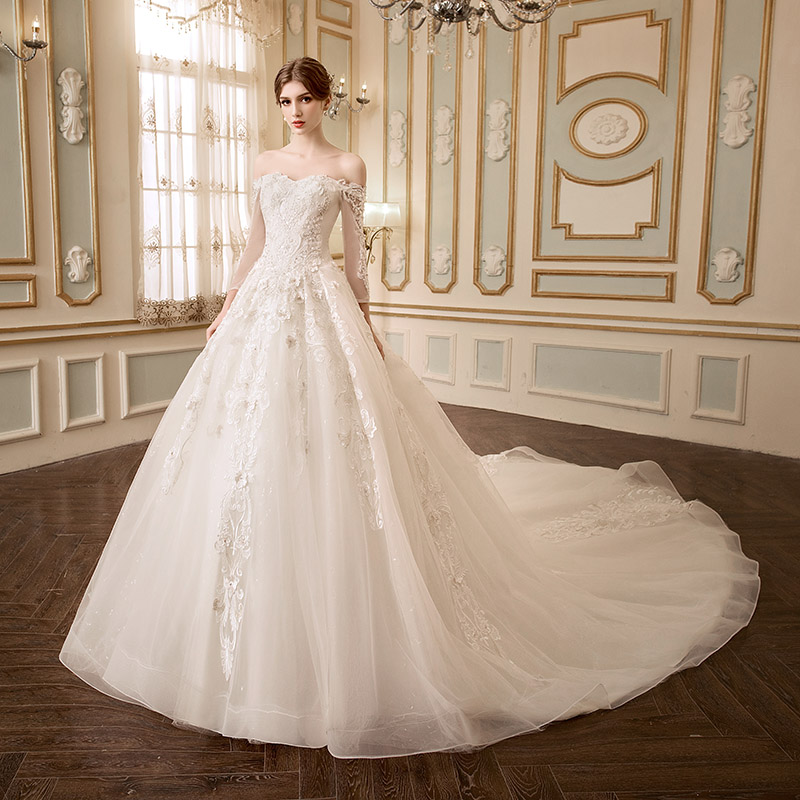 Elegant A Line Wedding Dresses Off Shoulder Bling Sequined Beading Lace Appliques Long Sleeve Lace Up Bridal Gowns Vestidos De Novia