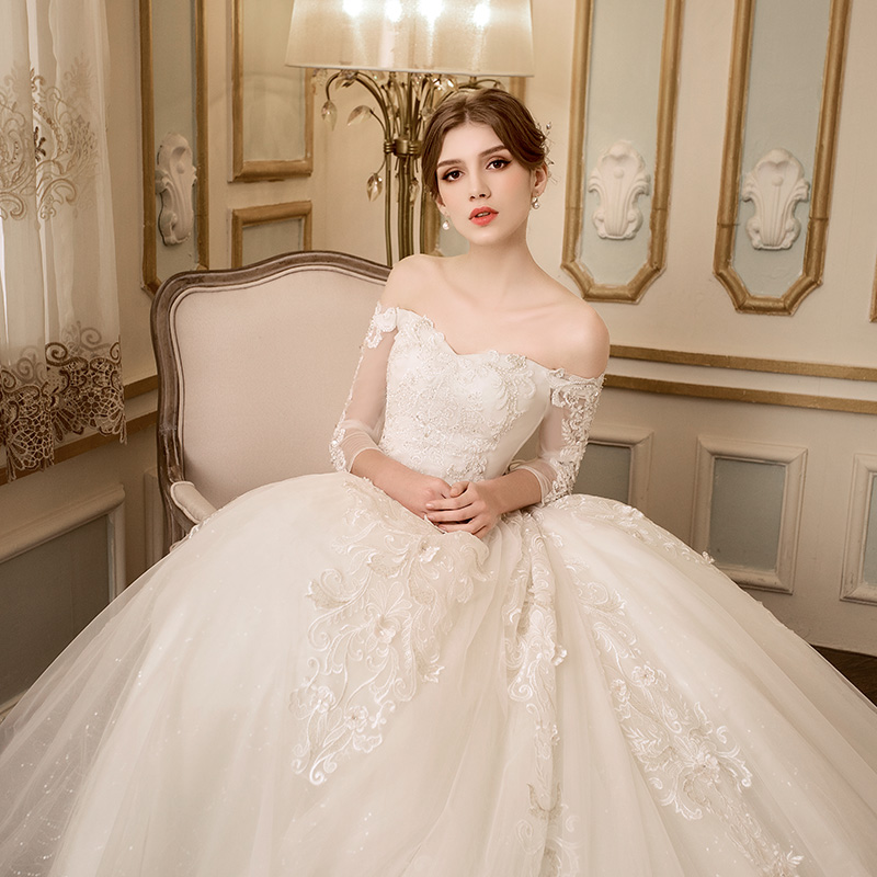 Elegant A Line Wedding Dresses Off Shoulder Bling Sequined Beading Lace Appliques Long Sleeve Lace Up Bridal Gowns Vestidos De Novia