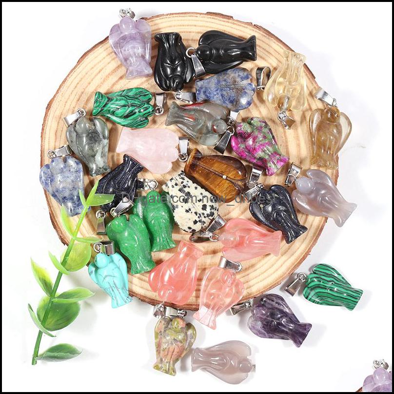 Charms Fashion Natural Stone Carved Angel Charms Rose Quartz Amethyst Jade Gem Pendants For Necklace Making Jewelry Whol Dhseller2010 Dh7B3