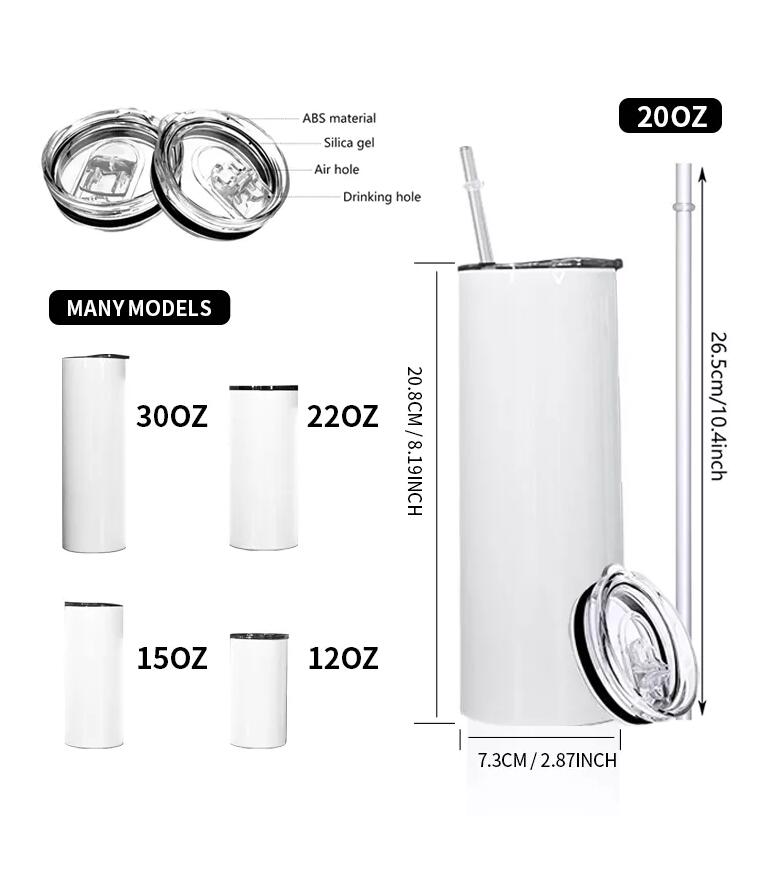 Local Warehouse Sublimation Mugs Tumblers 20 Oz Stainless Steel Straight Blank white Tumbler with Lid and Straw for Heat Transfer DIY Gift Coffee Bott