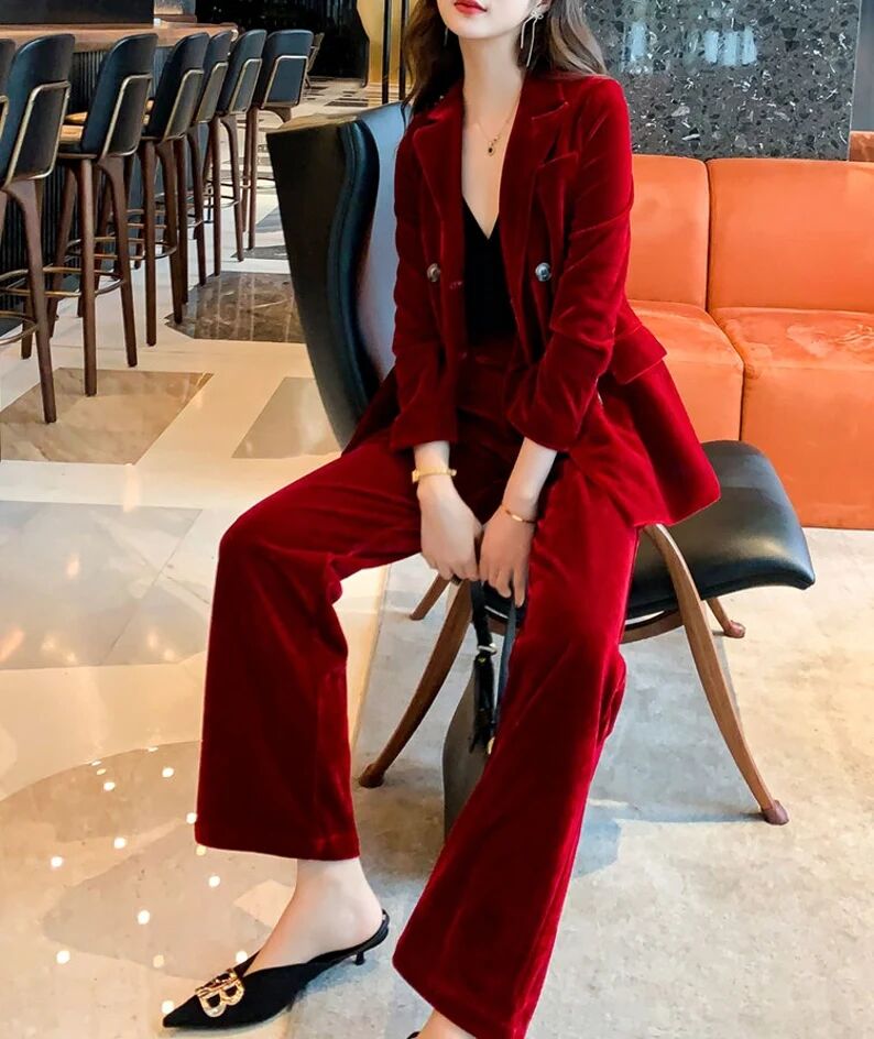Winter Red Velvet Fashion Green Women Pants Suits 2 Pieces Slim Fit Prom Evening Party Wear Celebrity Long Jacket