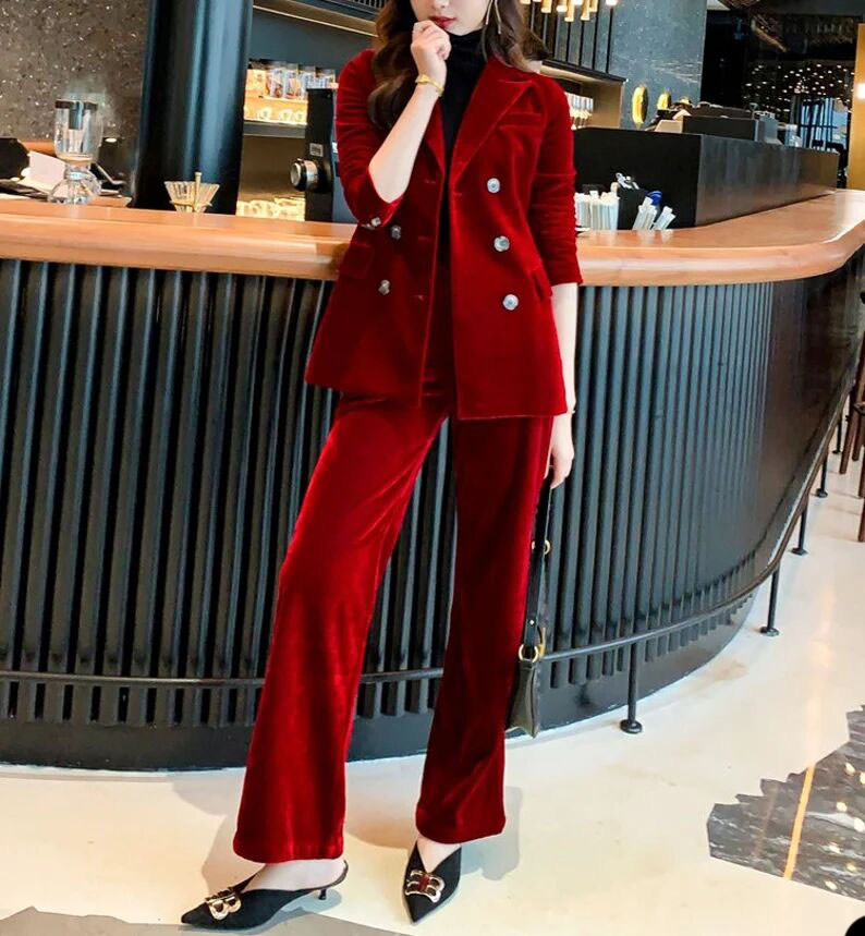 Winter Red Velvet Fashion Green Women Pants Suits 2 Pieces Slim Fit Prom Evening Party Wear Celebrity Long Jacket