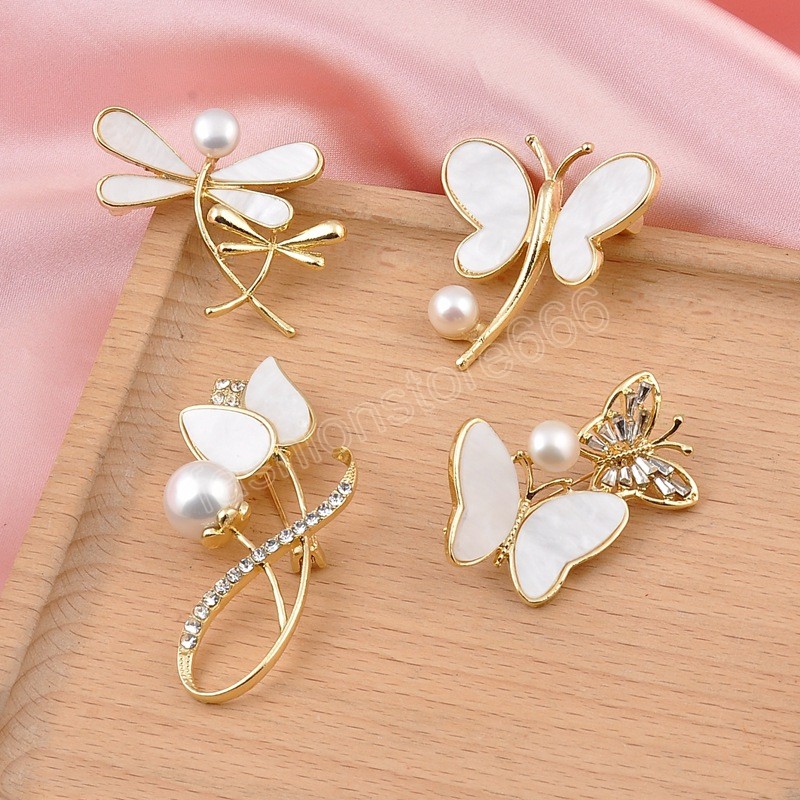 Fashion Pearl Dragonfly Butterfly Brooches for Women Crystal Rhinestones Flower Lapel Pin Fashion Insect Brooch Accessories