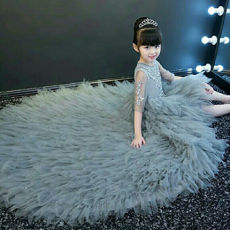 2023 Flower Girl Dresses Ball Gown Lace Appliques Beads lace up Kids Girls Pageant Dress Sweep Train Birthday Gown Custom Made
