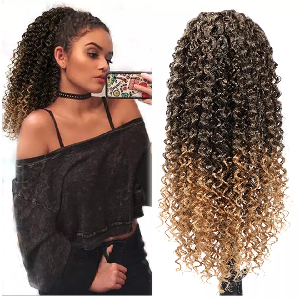 Virgin Drawstring Curly Ponytail extension ombre brown blonde afro Pony Hair Pieces for African American Women Kinky 120g
