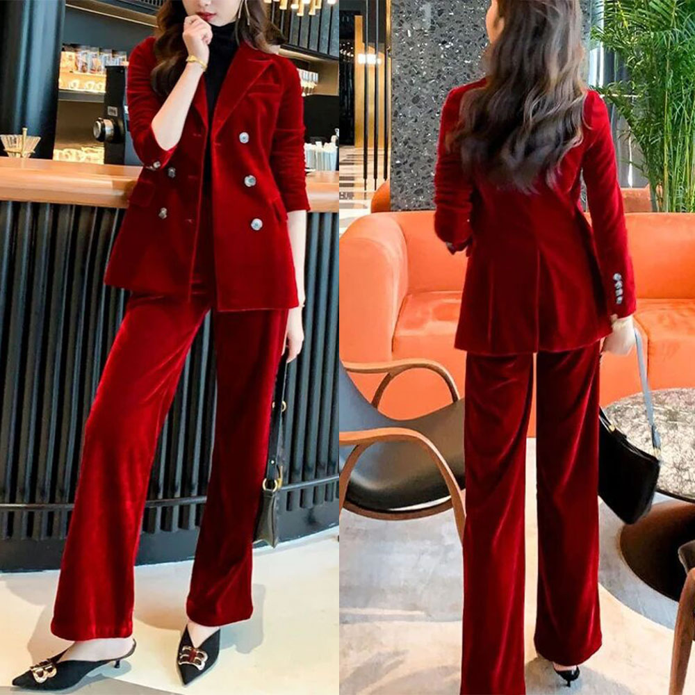 Winter Red Velvet Fashion Green Women Pants Suits 2 Pieces Slim Fit Prom Evening Party Wear Celebrity Long Jacket