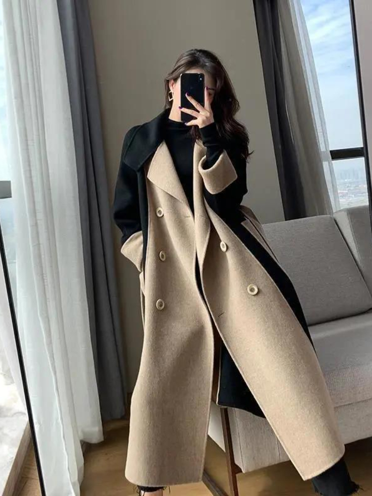 Women's Wool Blends Woolen Coat Women's Fashion Versatile Coat Women's Spring and Autumn Style Temperament Button Medium Length Trench 