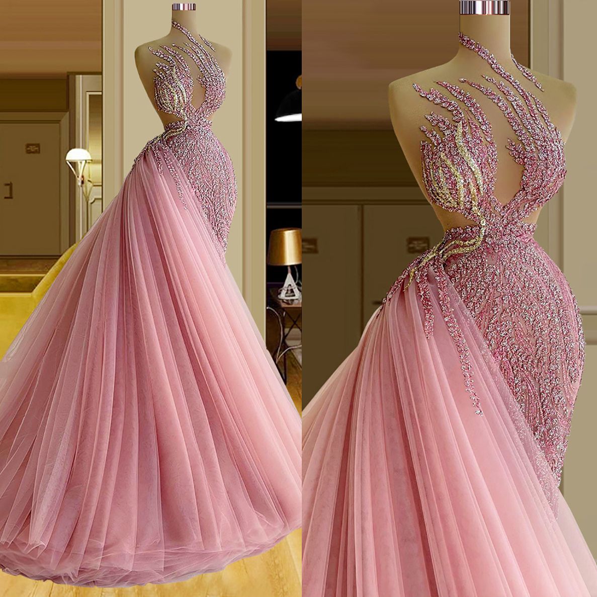 Sexy Illusion Evening Dresses Sequined Mermaid African Dubai Prom Dress Detachable Train Sleeveless Formal Party Gowns