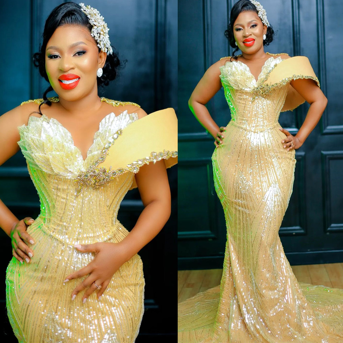 Arabic Aso Ebi Mermaid Gold Prom Dresses Beaded Crystals Evening Formal Party Second Reception Birthday Engagement Gowns Dress ZJ770