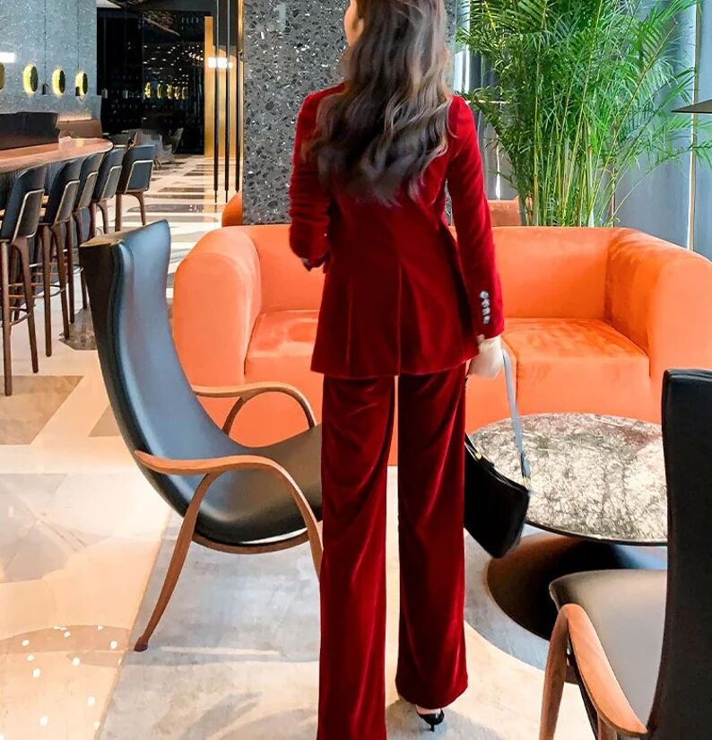 Winter Red Velvet Fashion Green Women Pants Suits 2 Pieces Slim Fit Prom Evening Party Wear Celebrity Long Jacket