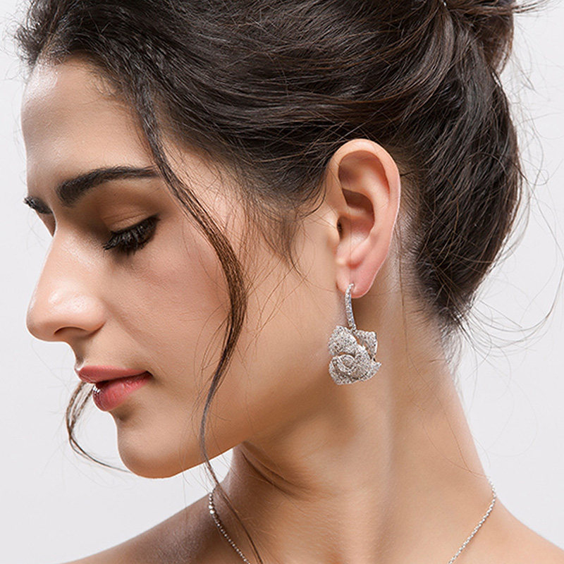 Bling S925 Silver Needle Rose Flower Dangle Drop Earrings Wedding Jewelry Women Gift