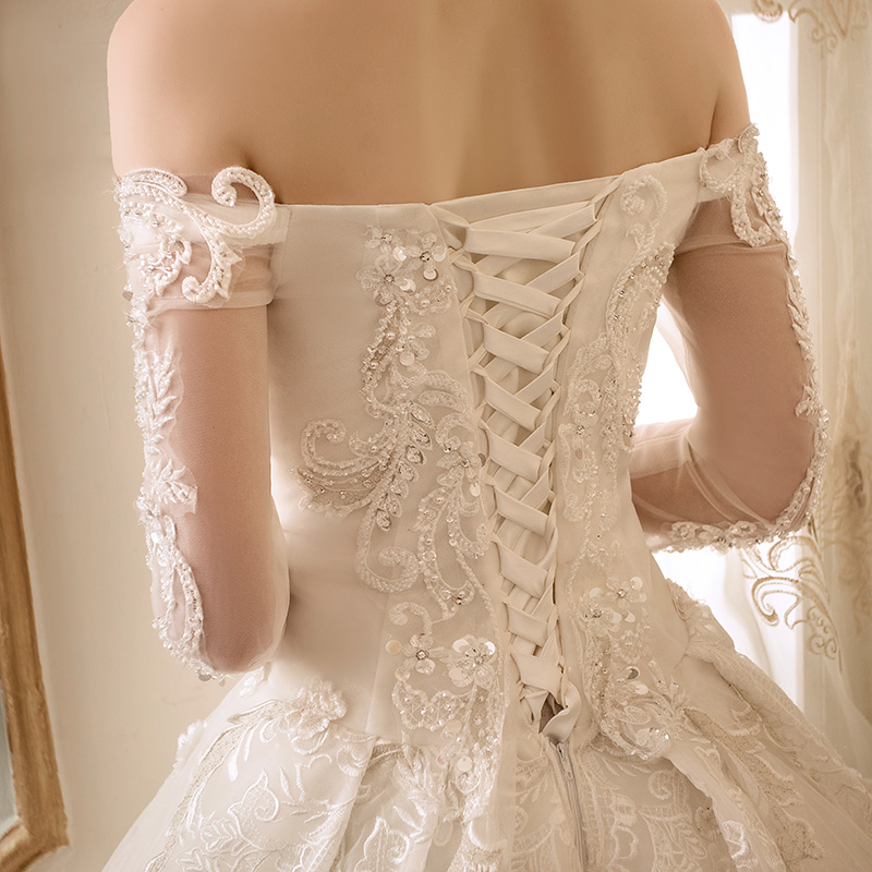 Elegant A Line Wedding Dresses Off Shoulder Bling Sequined Beading Lace Appliques Long Sleeve Lace Up Bridal Gowns Vestidos De Novia