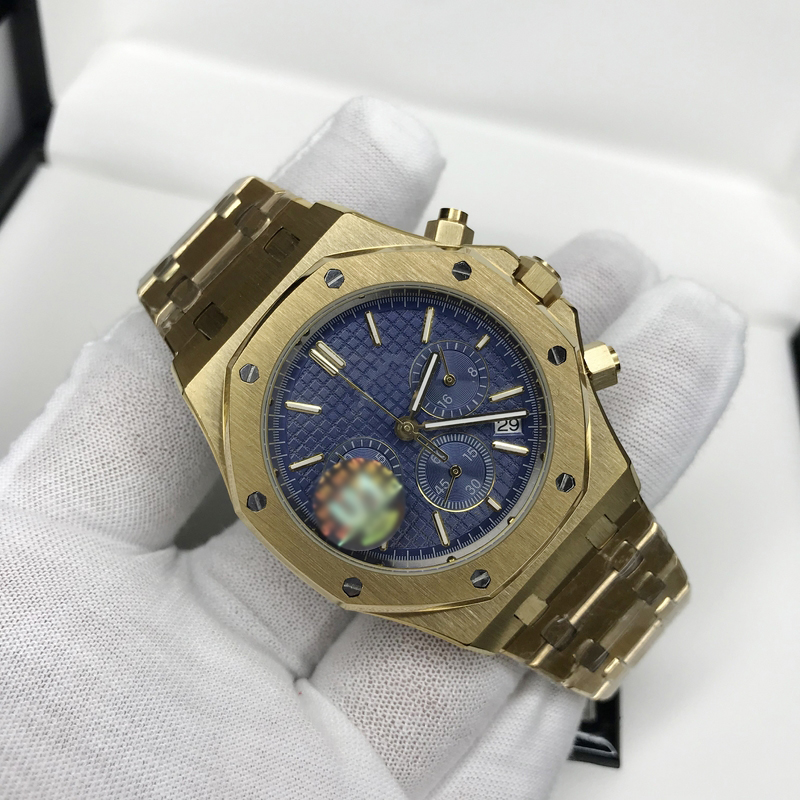 Mens watch Yellow Gold Case blue dial quartz chronograph working high quality luxury men sapphire glass Luminous stainless steel bracelet watches
Mens watch Yellow Gold Case blue dial quartz chronograph working high quality luxury men sapphire glass Luminous stainless steel bracelet watches