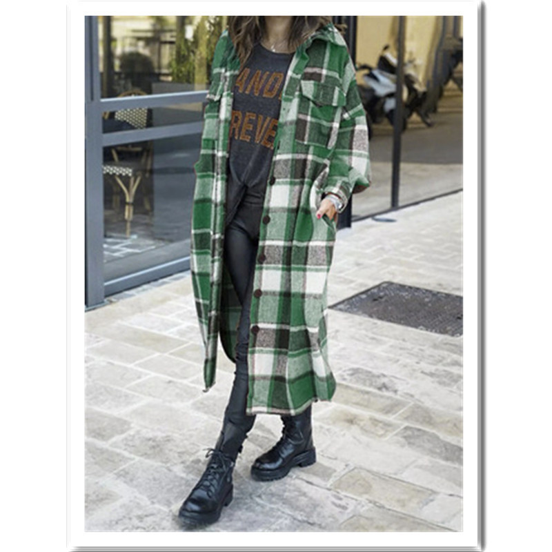 Women's Wool Blends Fashion Long Plaid Coat Autumn Shirt Woolen Streetwear Women Clothing Loose Female Casual Jacket 220908