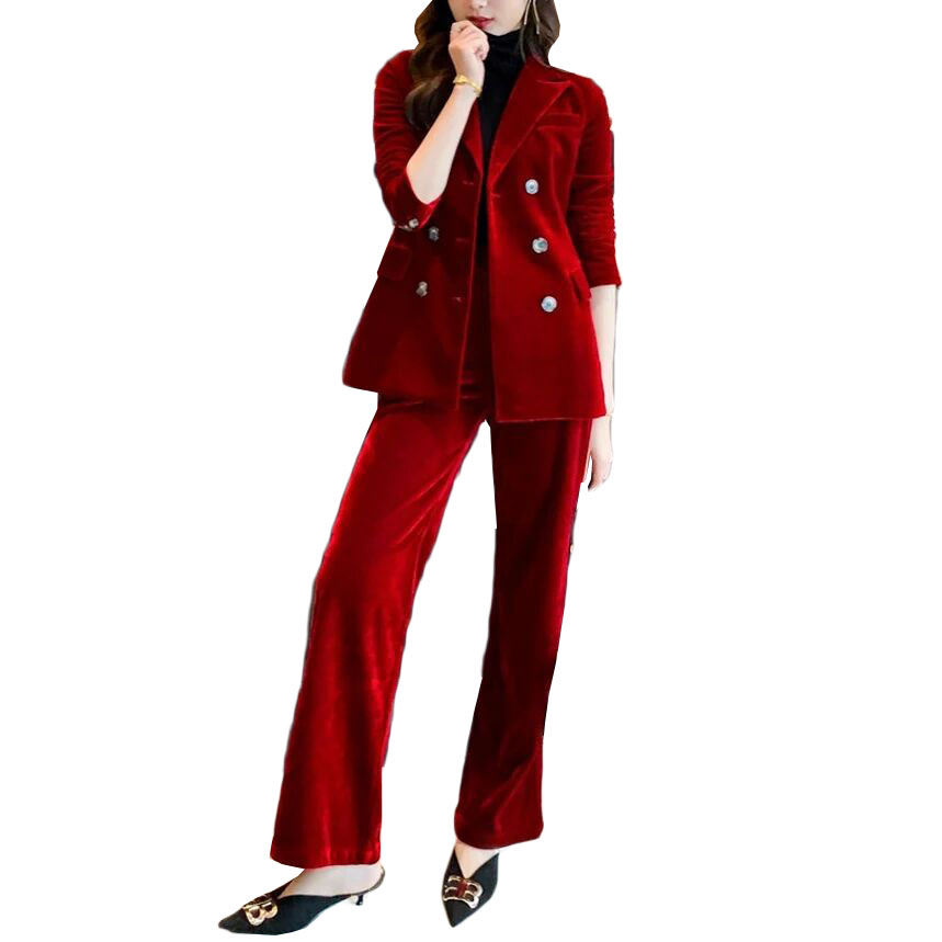 Winter Red Velvet Fashion Green Women Pants Suits 2 Pieces Slim Fit Prom Evening Party Wear Celebrity Long Jacket