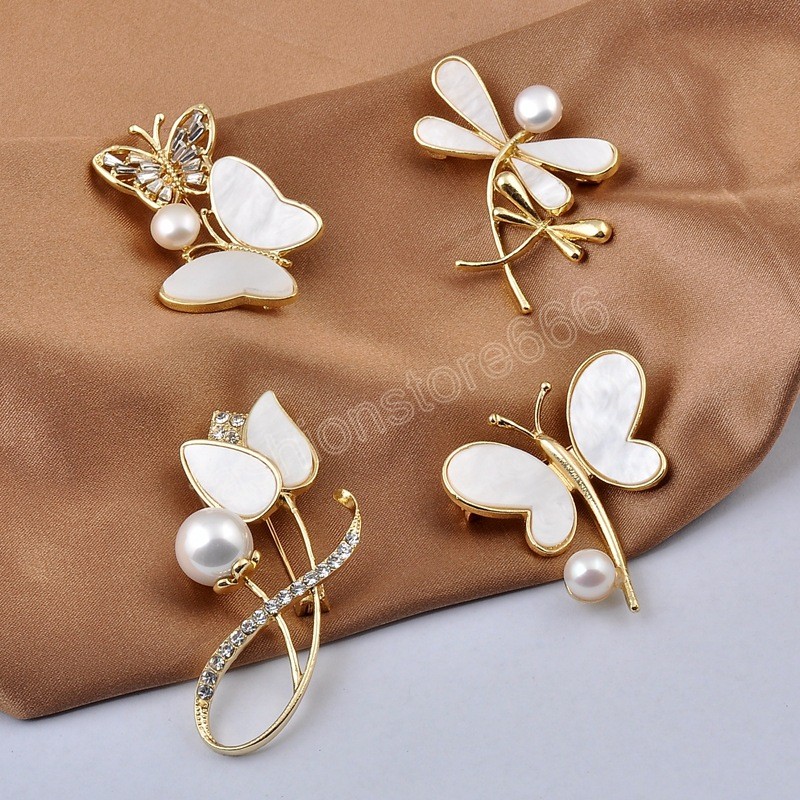 Fashion Pearl Dragonfly Butterfly Brooches for Women Crystal Rhinestones Flower Lapel Pin Fashion Insect Brooch Accessories