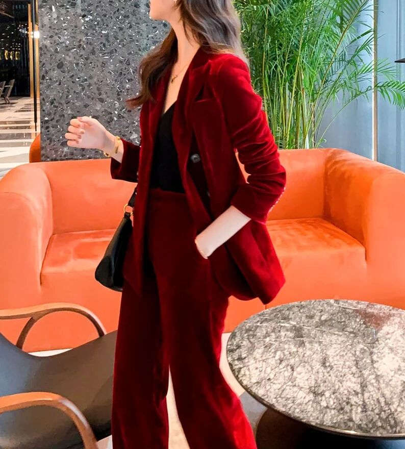 Winter Red Velvet Fashion Green Women Pants Suits 2 Pieces Slim Fit Prom Evening Party Wear Celebrity Long Jacket