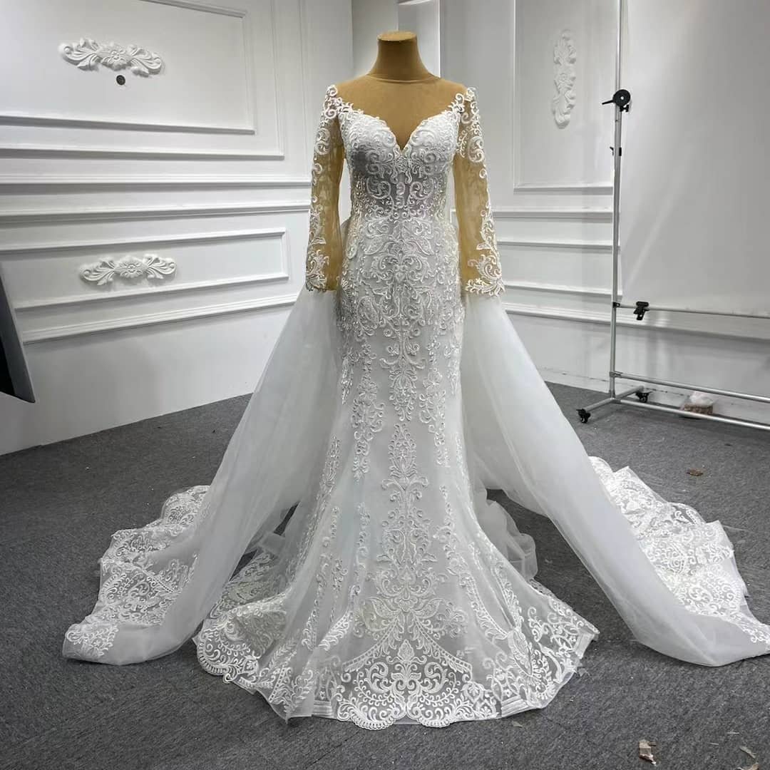 Wedding Mermaid Lace Dresses Long Sleeves Bridal Gowns With Detachable Train Sheer Bateau Neck Plus Size Appliqued Vestidos De Novia