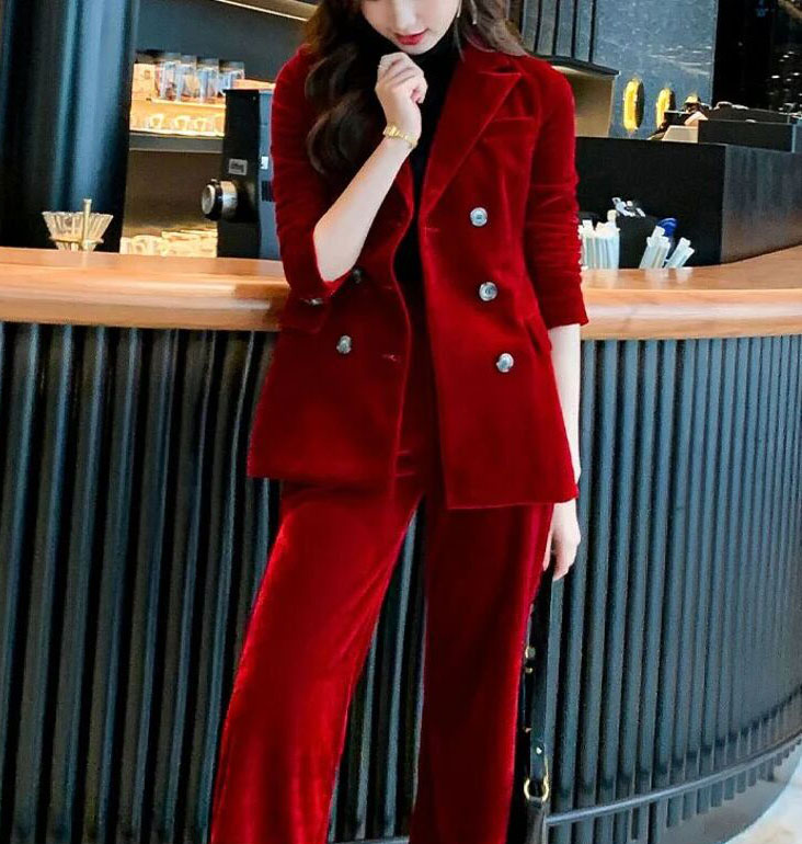 Winter Red Velvet Fashion Green Women Pants Suits 2 Pieces Slim Fit Prom Evening Party Wear Celebrity Long Jacket
