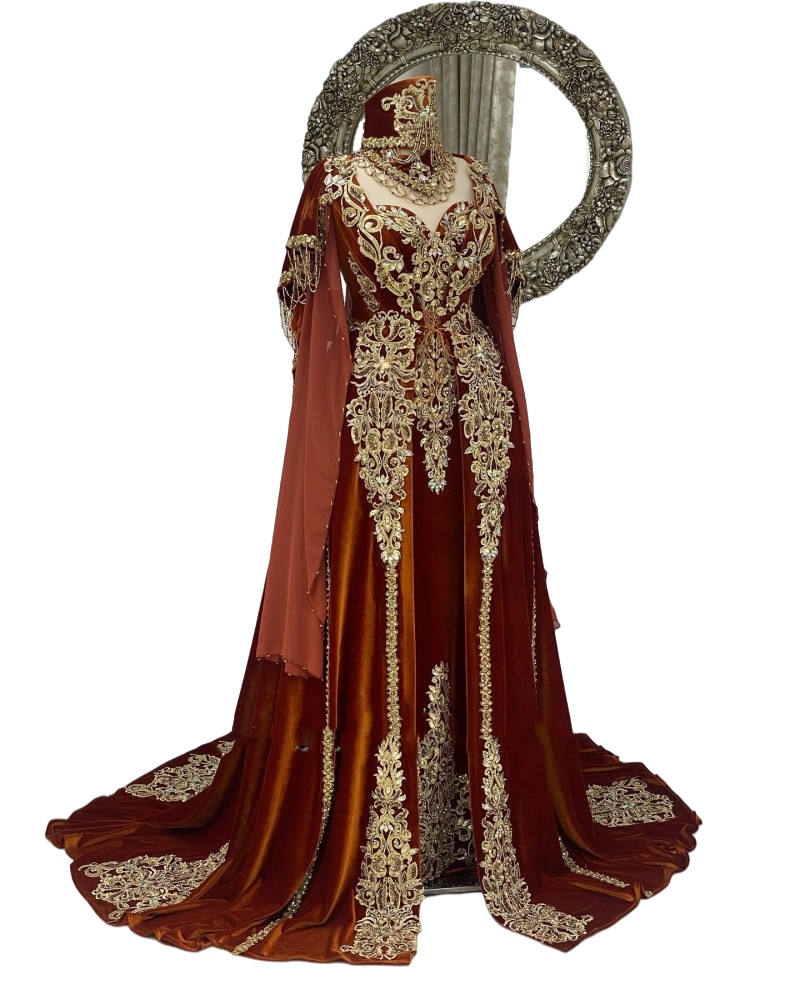 Moroccan Caftan 2023 Brown Velvet Evening Dresses Gold Lace Applique Kaftan Prom Gowns with Long Cape Wrap