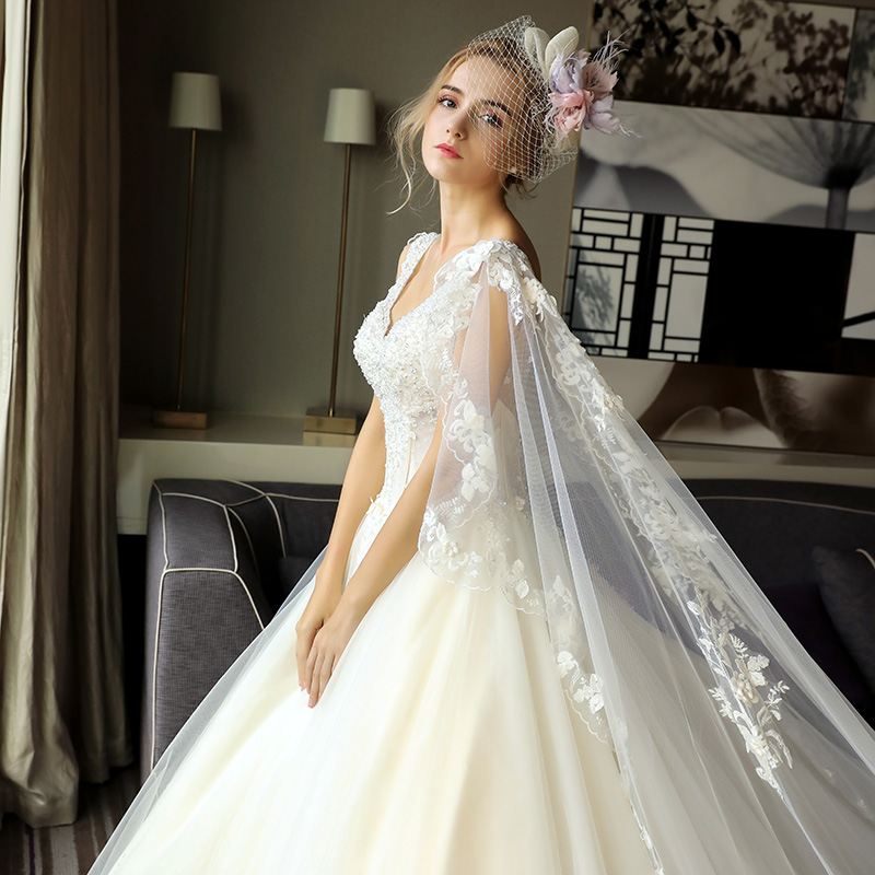 Boho Wedding Dress V Neck Lace Appliques Beach Bride Dresses Backless With Puff Tulle Wrap Wedding Gowns Long Train Floor Length