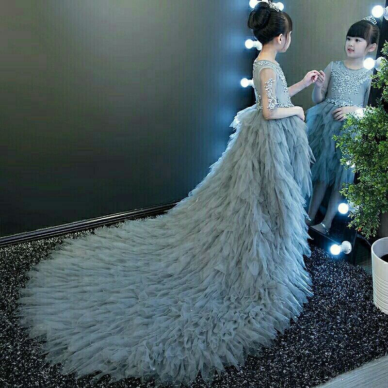 2023 Flower Girl Dresses Ball Gown Lace Appliques Beads lace up Kids Girls Pageant Dress Sweep Train Birthday Gown Custom Made