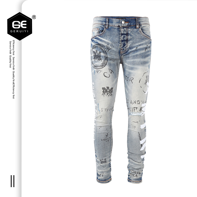 European and American mens jeans personality trend brand paint particles denim feet fashion slim straight long pants trend, Blue
European and American mens jeans personality trend brand paint particles denim feet fashion slim straight long pants trend, Blue
